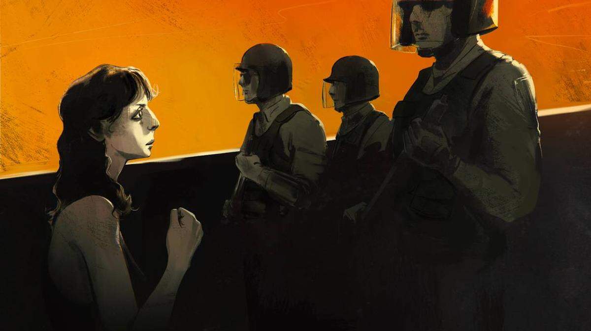Ilustración de una mujer enfrentándose a la policía con equipo antidisturbios.