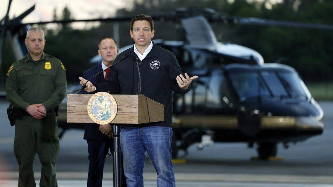 Florida Governor Ron DeSantis holds a press conference at the Homestead Air Force Base alongside Department of Homeland Security Senior Counselor Keith Pearson in Homestead, Florida on Wednesday, February 26, 2025.