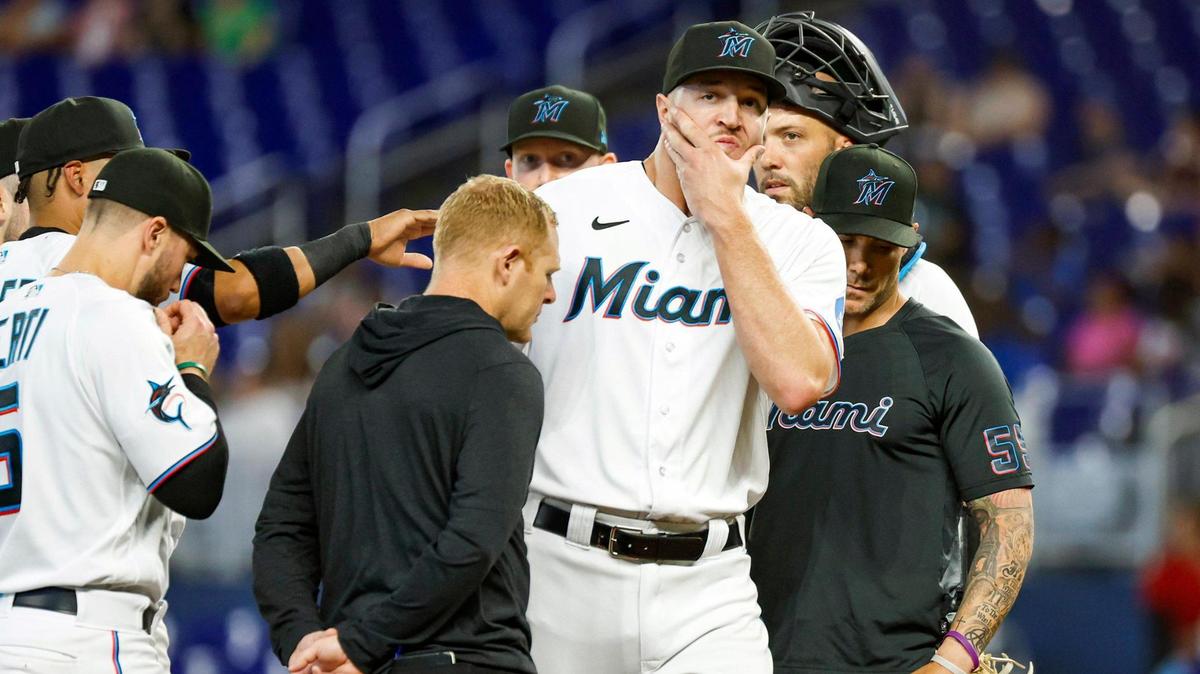 Miami Marlins starting pitcher Trevor Rogers (28) reacts after getting pulled in the fourth inning during the game against the San Francisco Giants at LoanDepot Park in Miami, Fl on Wednesday, April 19, 2023.