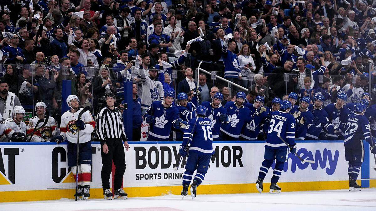 May 5, 2025; Toronto, Ontario, CAN; Toronto Maple Leafs and their fans celebrate a goal by forward Matthew Knies (not pictured) during the third period of the second round of the 2025 Stanley Cup Playoffs against the Florida Panthers at Scotiabank Arena.