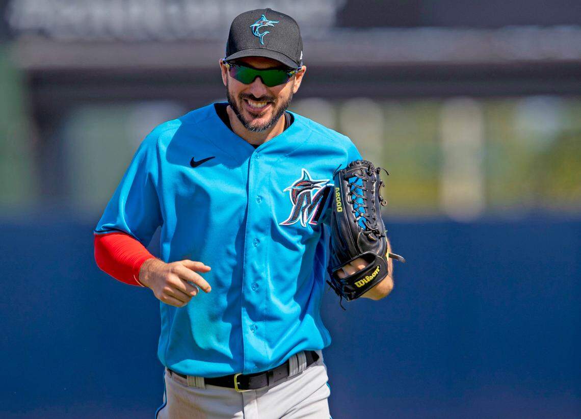 Miami Marlins outfielder Matt Joyce (7) walks in from the outfield during the fourth inning of a Spring Training game against the Washington Nationals at FITTEAM Ballpark of the Palm Beaches in West Palm Beach, Florida on Monday, March 2, 2020.