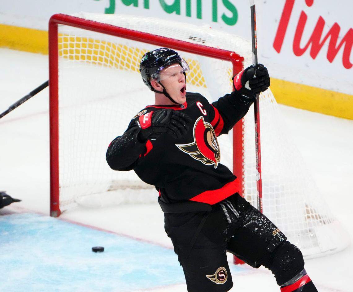 Ottawa Senators left wing Brady Tkachuk (7) celebrates after a goal against Dallas Stars goaltender Scott Wedgewood during third-period NHL hockey game action in Ottawa, Ontario, Monday, Oct. 24, 2022. (Sean Kilpatrick/The Canadian Press via AP)