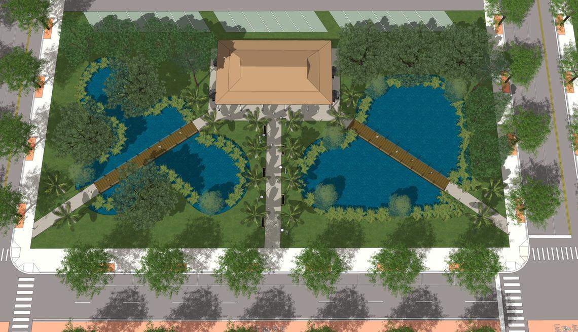 A preliminary proposal for one of the city-owned lots known as West Lots shows a park designed to retain excess stormwater.