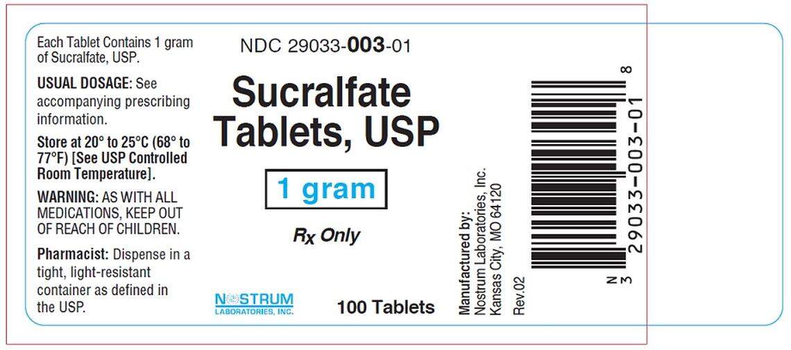 The label for 100-count bottles of 1-gram Sucralfate Tablets. They’re also sold in 500-count bottles.