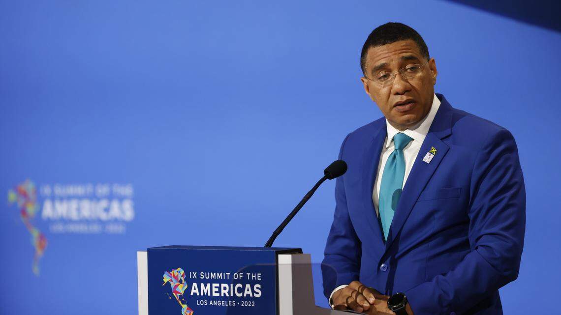 Jamaican Prime Minister Andrew Holness speaks during the plenary session of the ninth Summit of the Americas at the Los Angeles Convention Center, California, USA, 10 June 2022. EFE / Alberto Valdes /Sipa USA