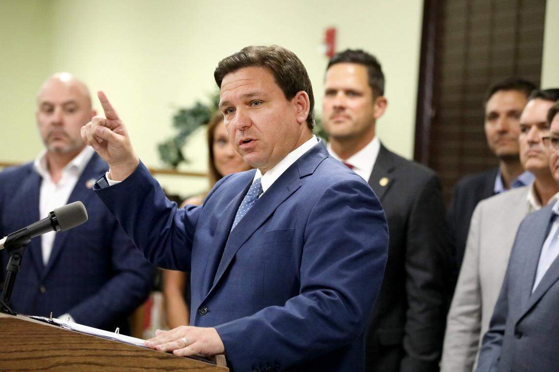 Manatee County’s newest park could bear the governor’s name after a political candidate rallied his supporters to submit votes in honor of Ron DeSantis. DeSantis speaks during a March 28, 2022 press conference in this file photo.