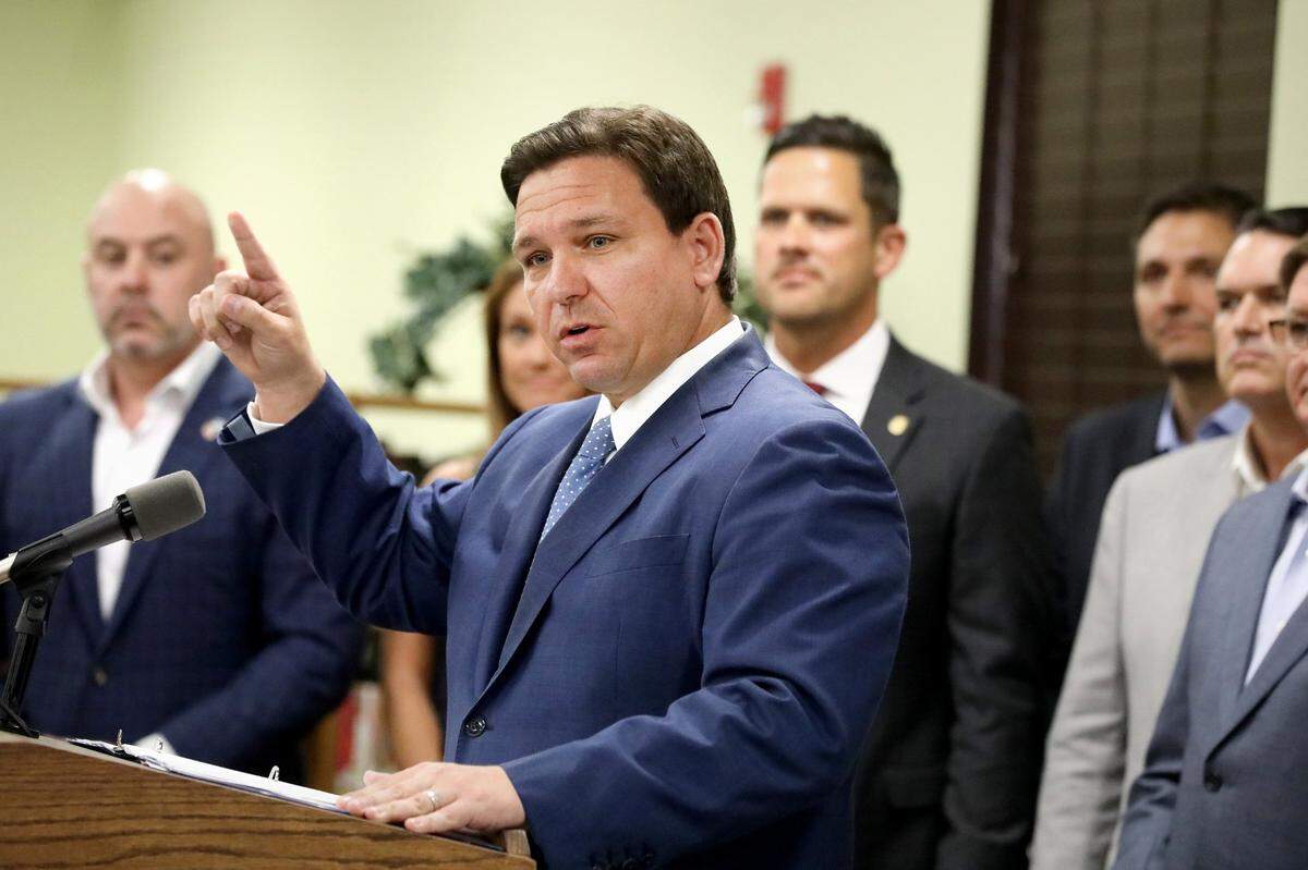Florida Gov. Ron DeSantis speaks at a news conference on March 28, 2022, in Shady Hills, Florida.