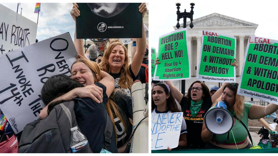 Anti-abortion groups celebrate the Supreme Court overturning Roe v. Wade on Friday, left, while abortion-rights advocates protest the decision. Both groups were in front of the Supreme Court building in Washington. 