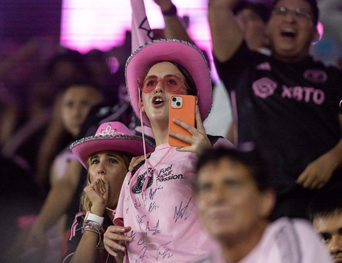 Inter Miami fans cheer for their team as they play against Austin FC in the second half of their MLS match at DRV PNK Stadium on Saturday, July 1, 2023, in Fort Lauderdale, Fla.