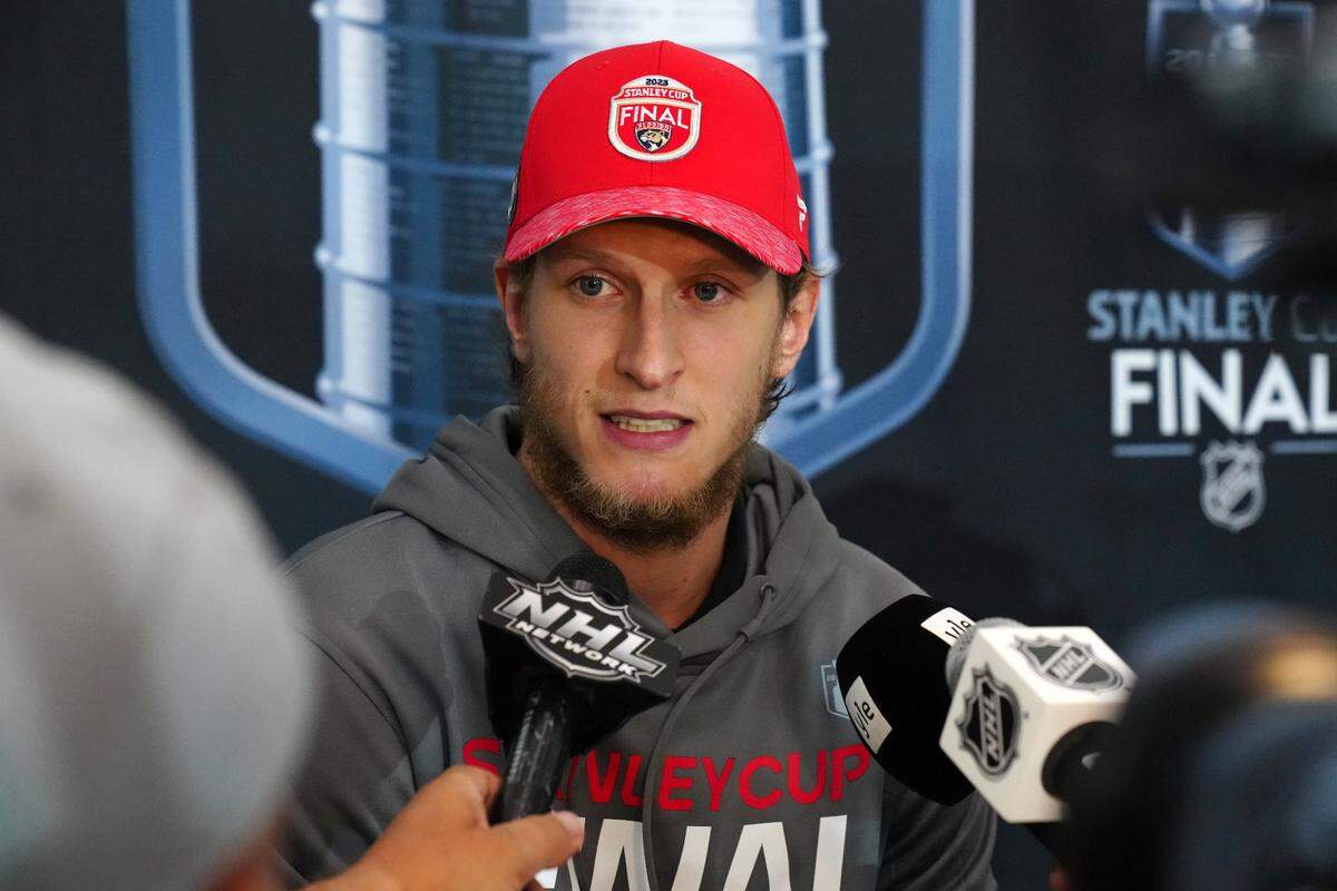 Jun 2, 2023; Las Vegas, Nevada, USA; Florida Panthers center Eetu Luostarinen (27) takes questions during media day in advance of the 2023 Stanley Cup Final. Mandatory Credit: Stephen R. Sylvanie-USA TODAY Sports