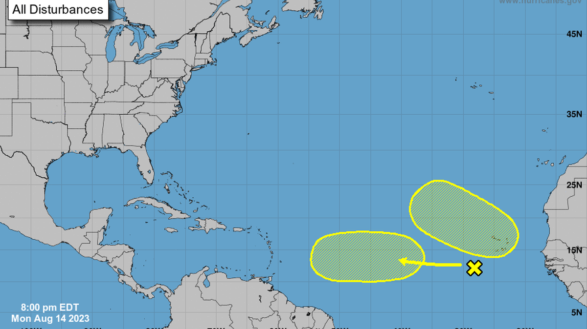 The National Hurricane Center began tracking two disturbances in the east-central tropical Atlantic on Sunday, Aug. 13, 2023.