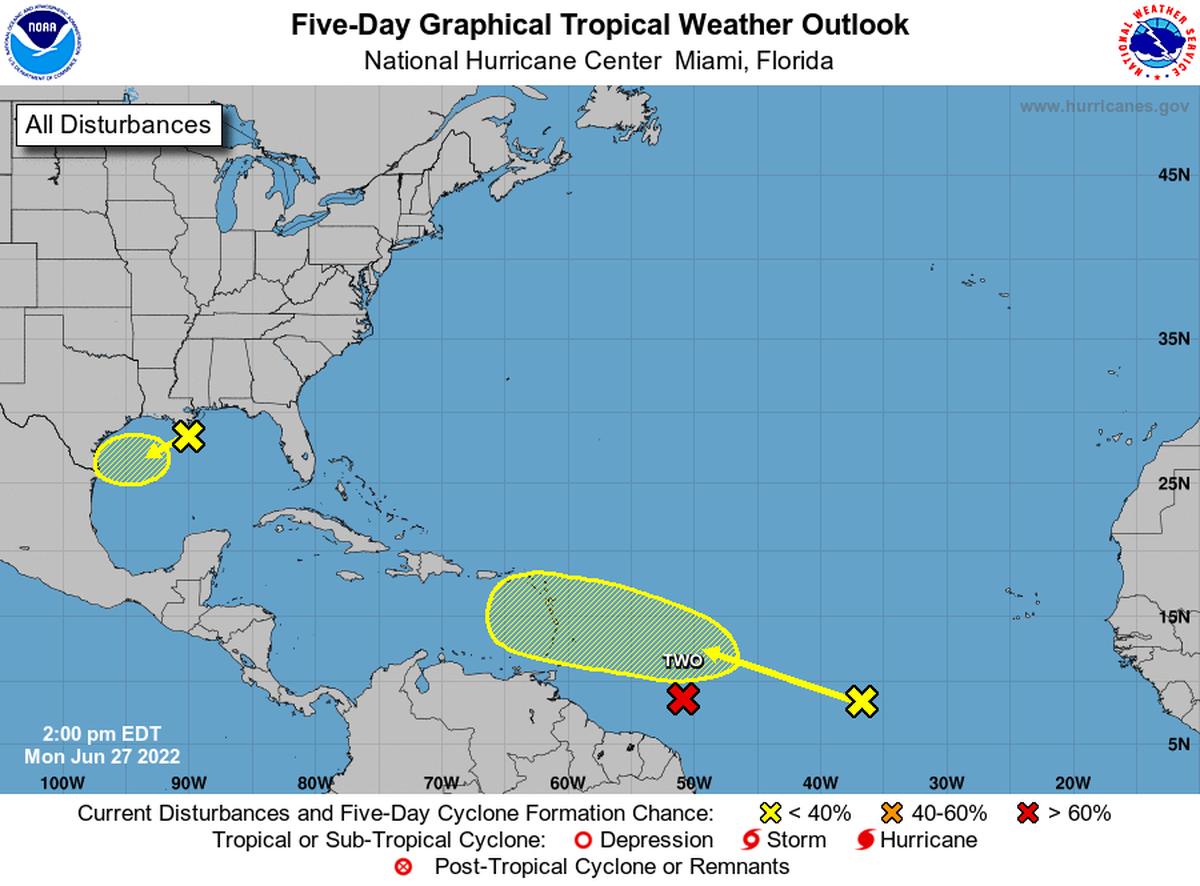 The other two systems in the Atlantic basin don’t have good chances of strengthening into anything stronger anytime soon.