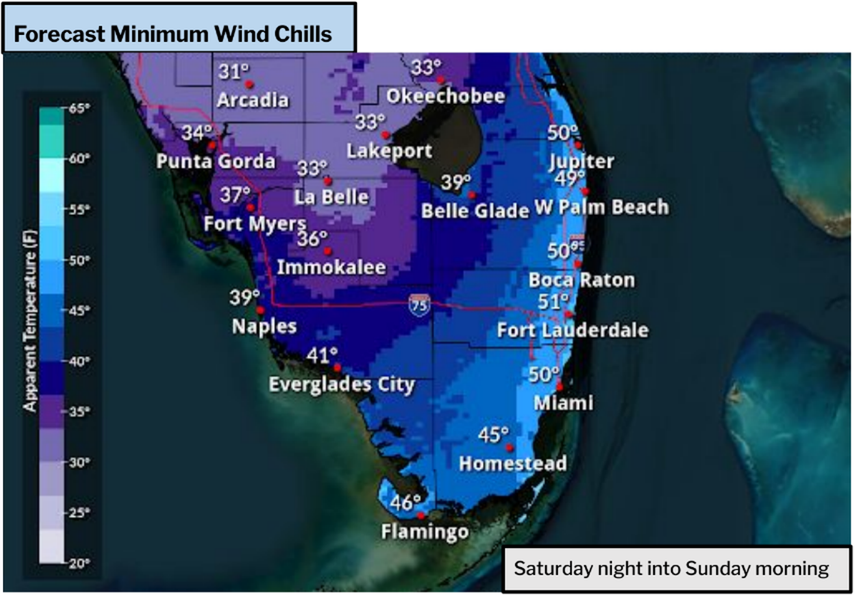The map shows the forecast minimum wind chills in South Florida from Saturday night into Sunday morning.