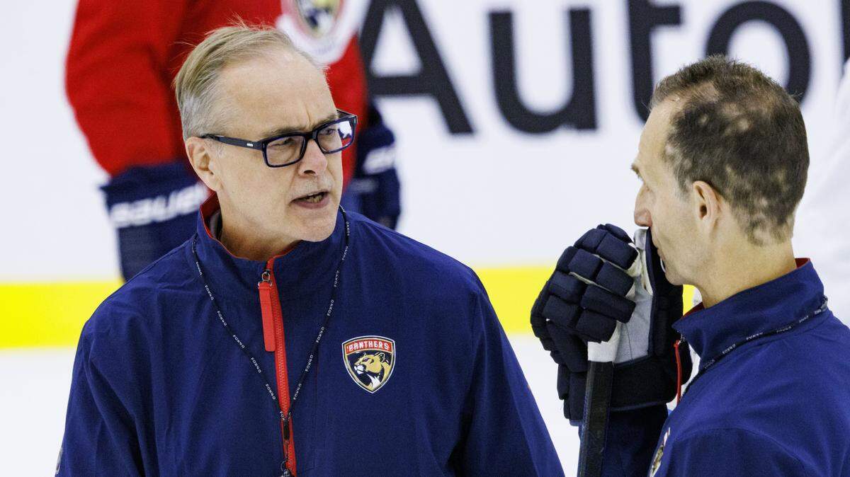 Head Coach Paul Maurice talks to Assistant Coach Jamie Kompon during the first practice of Florida Panthers training camp on Thursday, Sept. 18, 2025, at Baptist Health IcePlex in Fort Lauderdale, Fla. 
