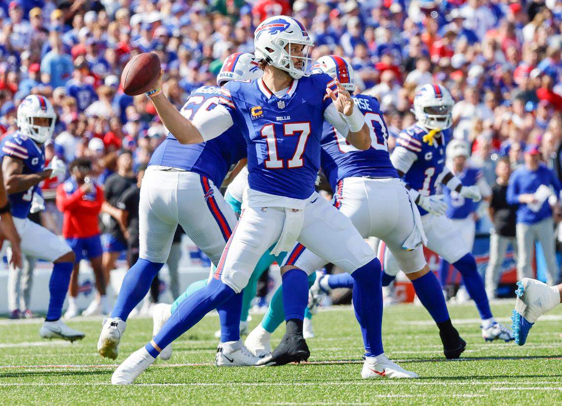Buffalo Bills quarterback Josh Allen (17) sets up to pass during game against the Miami Dolphins at Highmark Stadium in Orchard Park, NY., on Sunday, October 1, 2023.