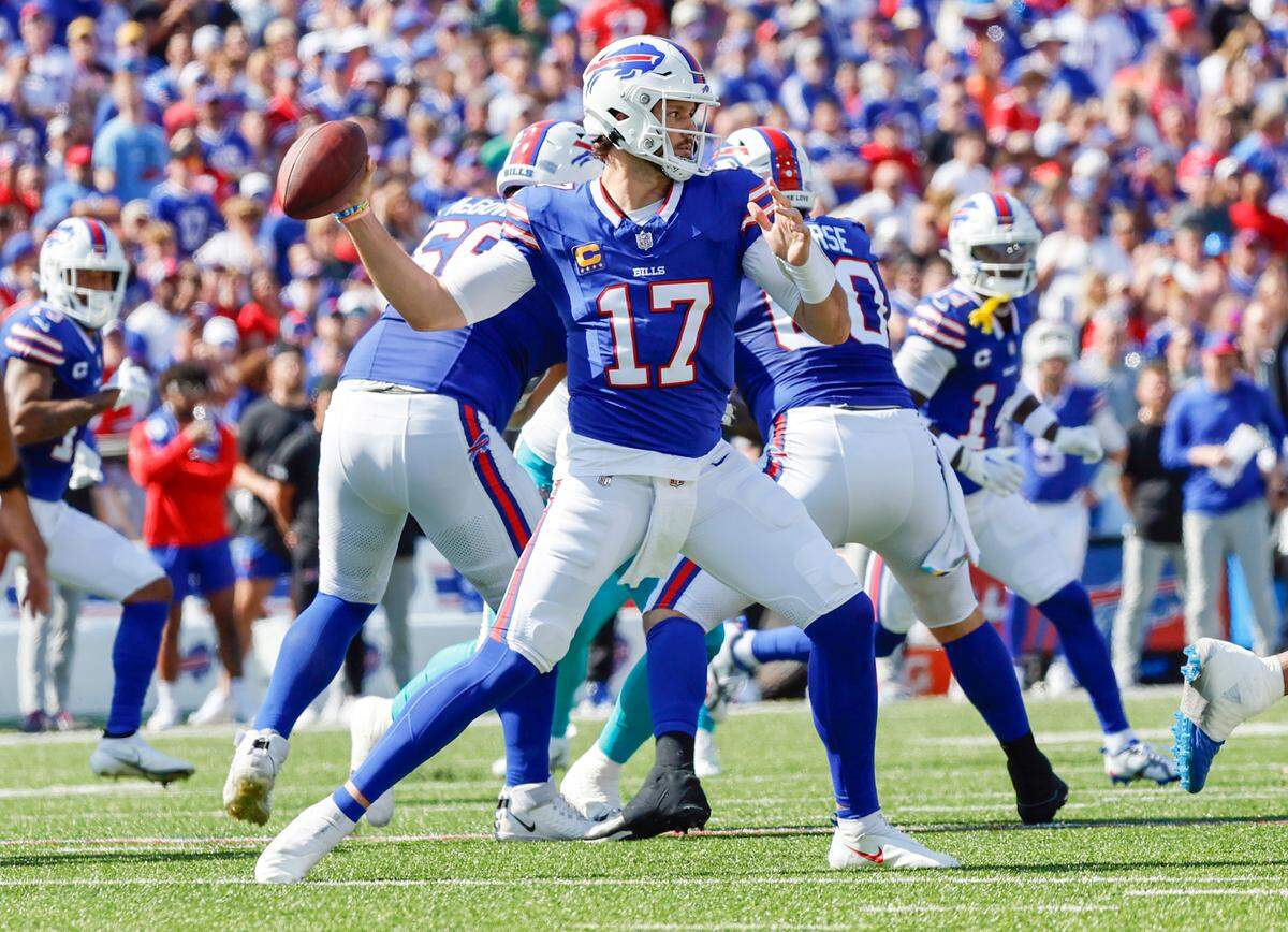 Buffalo Bills quarterback Josh Allen (17) sets up to pass during game against the Miami Dolphins at Highmark Stadium in Orchard Park, NY., on Sunday, October 1, 2023.