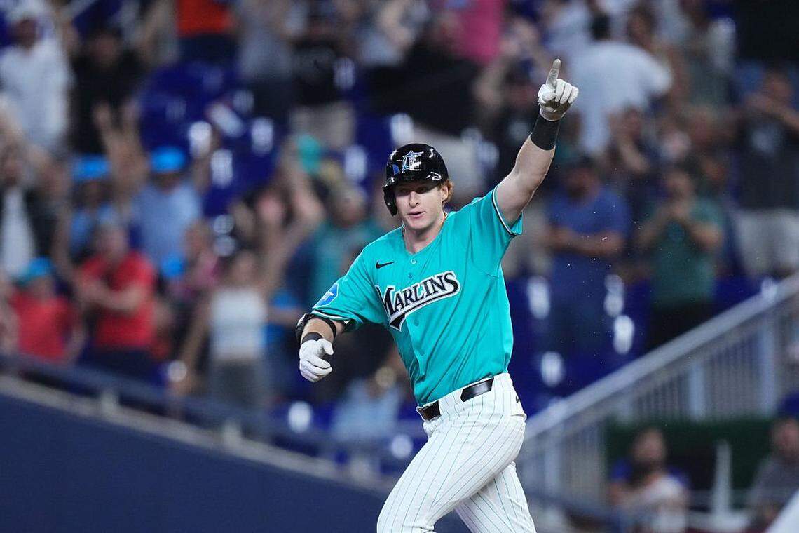 MIAMI, FLORIDA - MARCH 29: Owen Caissie #17 of the Miami Marlins rounds the bases after hitting a home run against the Colorado Rockies during the ninth inning at loanDepot park on March 29, 2026 in Miami, Florida. (Photo by Rich Storry/Getty Images)