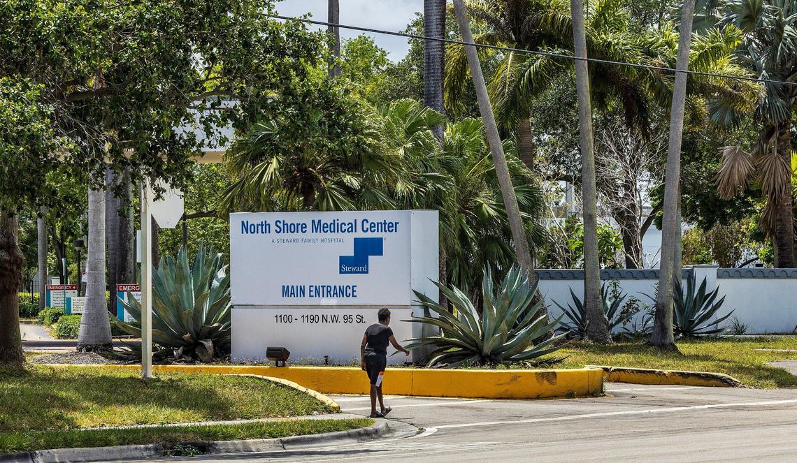 A man walk by the entrance to the North Shore Medical Center, located at 1100 NW 95th St, in North Miami on Saturday April 27, 2024.