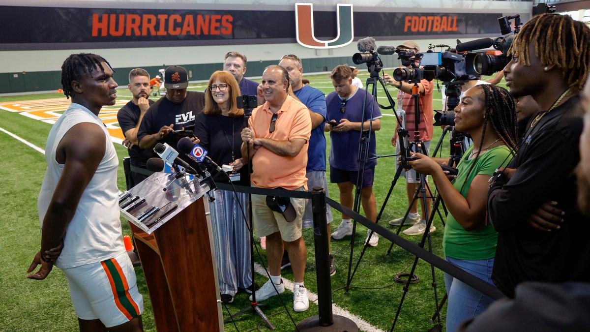 Miami Hurricanes quarterback Cam&nbsp;Ward speaks during a press conference at Carol Soffer Indoor Practice Facility in Coral Gables, Florida on Thursday, April 11, 2024.