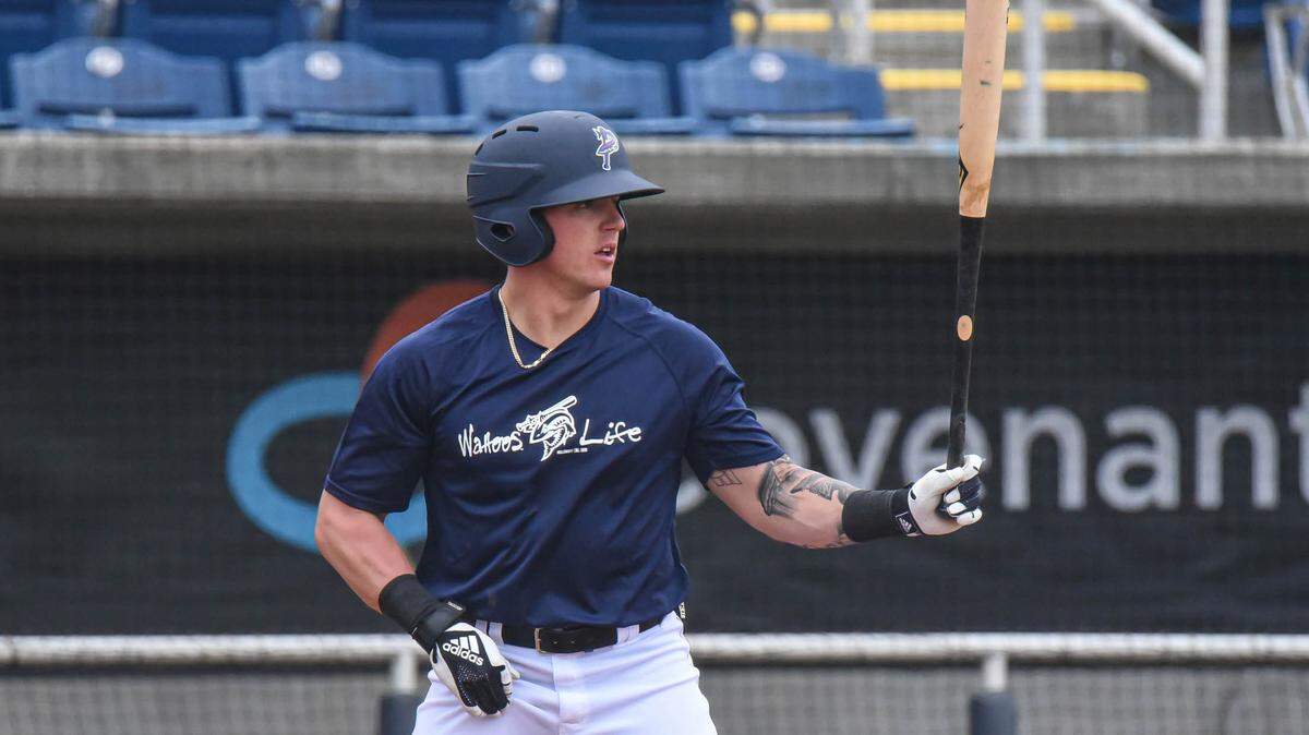 Miami Marlins outfielder prospect Peyton Burdick during a practice session with the Double A Pensacola Blue Wahoos on Sunday, May 2, 2021, in Pensacola, Florida.