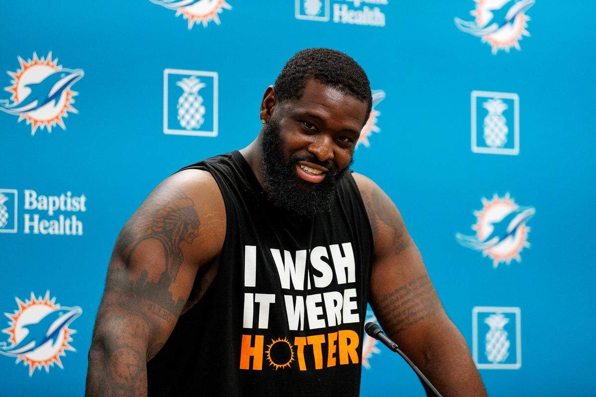 Miami Dolphins offensive tackle Terron Armstead (72) speaks with the media after NFL football training camp at Baptist Health Training Complex in Hard Rock Stadium on Tuesday, August 1, 2023 in Miami Gardens, Florida.