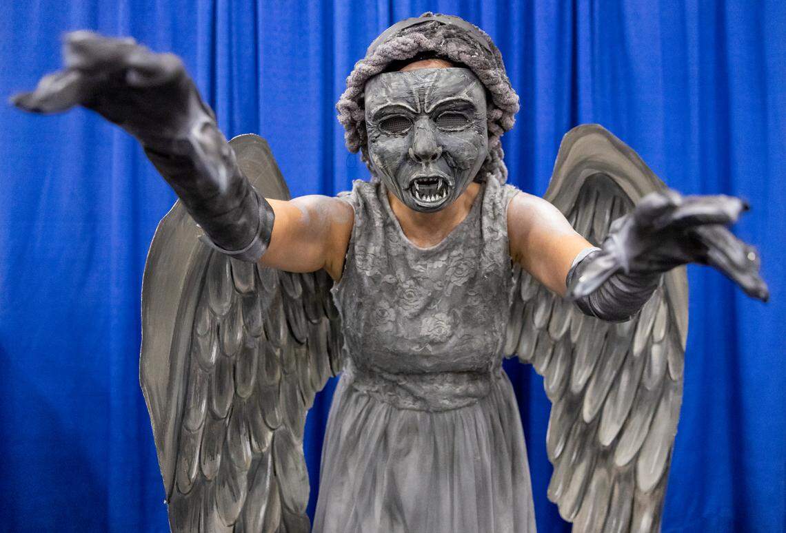 Regina Ferreira, 52, cosplays as a Weeping Angel from the series Doctor Who during Florida Supercon 2024 at the Miami Beach Convention Center on Saturday, July 13, 2024, in Miami Beach, Fla.