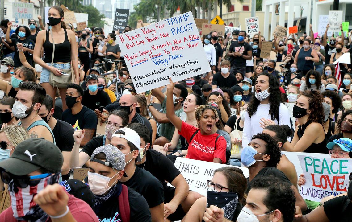 On day eight of protests in downtown Miami in response to the police killing of George Floyd in Minneapolis, protestors walk north on Biscayne Boulevard to NE 36th Street. on Saturday June 06, 2020.