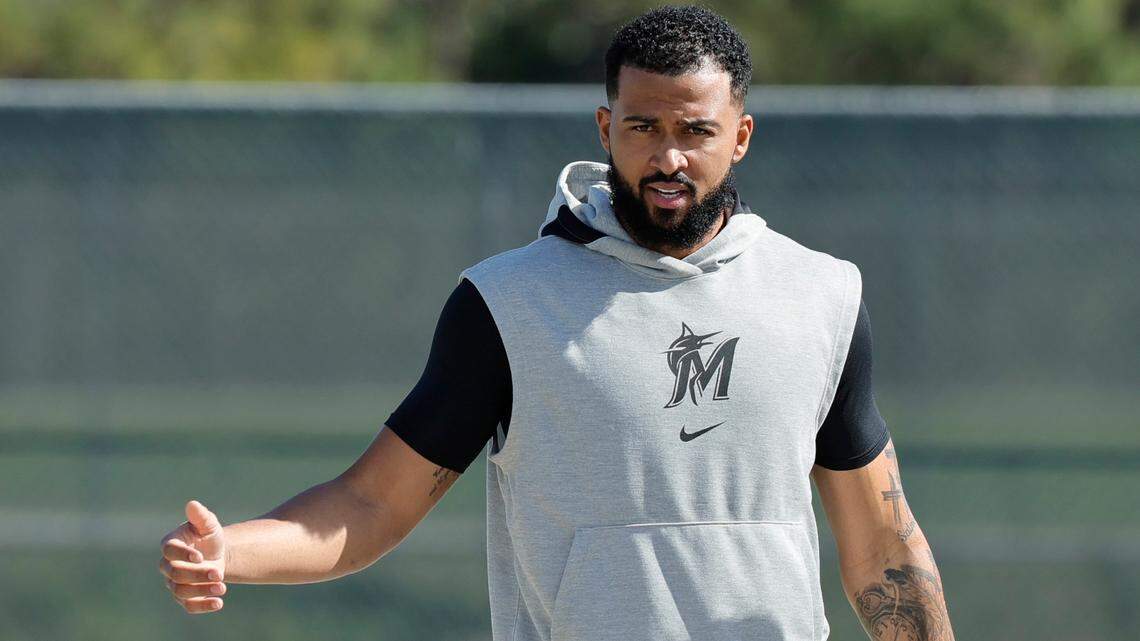 Sandy Alcantara (22) joins the team on the field during the Miami Marlins pitchers and catchers spring training workout at Roger Dean Chevrolet Stadium in Jupiter, Florida on Thursday, February 15, 2024.