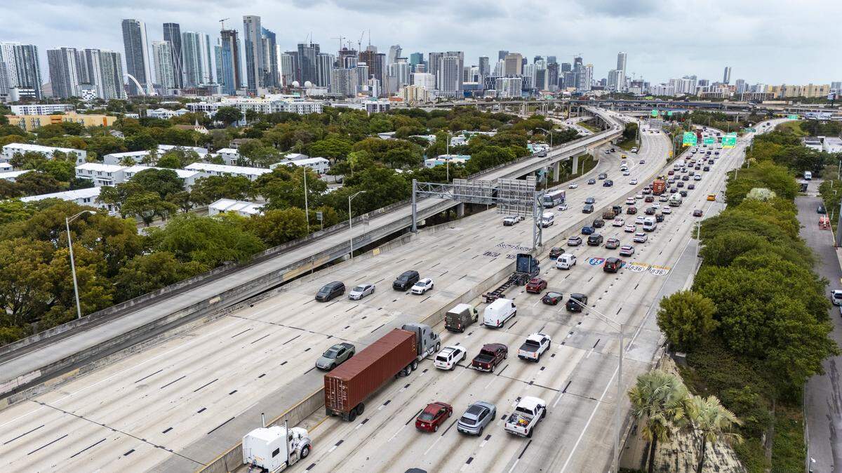 An aerial view of traffic heading south towards downtown Miami on the I-95 expressway on Wednesday, January 21, 2026.