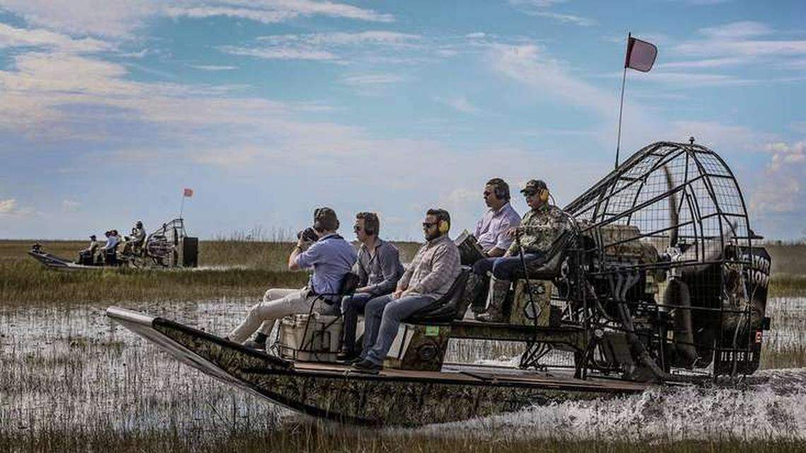 “Alligator” Ron Bergeron, back right, takes GOP Florida gubernatorial candidate Ron DeSantis, back left, and some of DeSantis’ staff on an airboat tour of the Florida Everglades as Bergeron discusses the historical and current critical restoration efforts taking place. Bergeron is a former Florida Fish and Wildlife Conservation Commissioner and champion of the Florida Everglades.