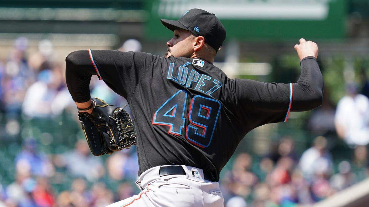 Pablo Lopez #49 of the Miami Marlins throws a pitch during the second inning of a game against the Chicago Cubs at Wrigley Field on June 19, 2021 in Chicago, Illinois.