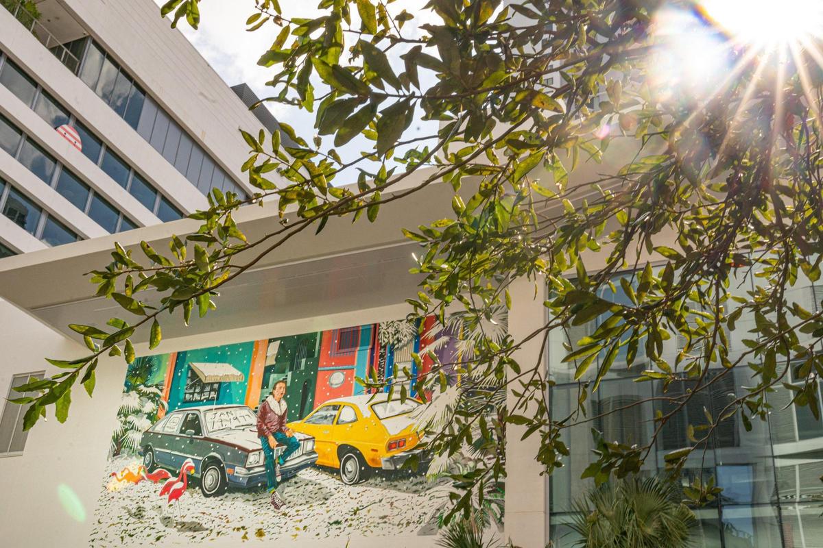 Mural titled “Miami, FL, January 19, 1977 8:45AM” by artist Hernan Bas at Miami Worldcenter.