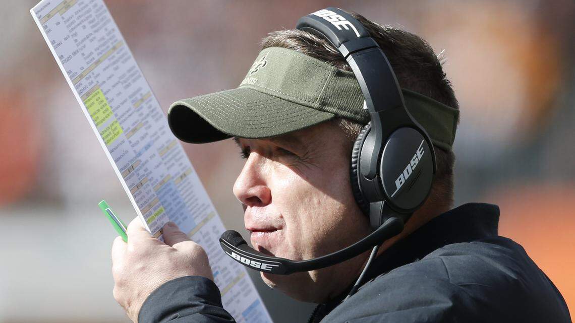 New Orleans Saints head coach Sean Payton works the sidelines in the first half of an NFL football game against the Cincinnati Bengals, Sunday, Nov. 11, 2018, in Cincinnati.