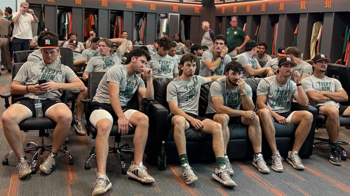 The Miami Hurricanes baseball team waits in its clubhouse at Mark Light Field to find out where it will play in the 2026 NCAA Tournament on Monday, May 25, 2026, in Coral Gables, Florida.