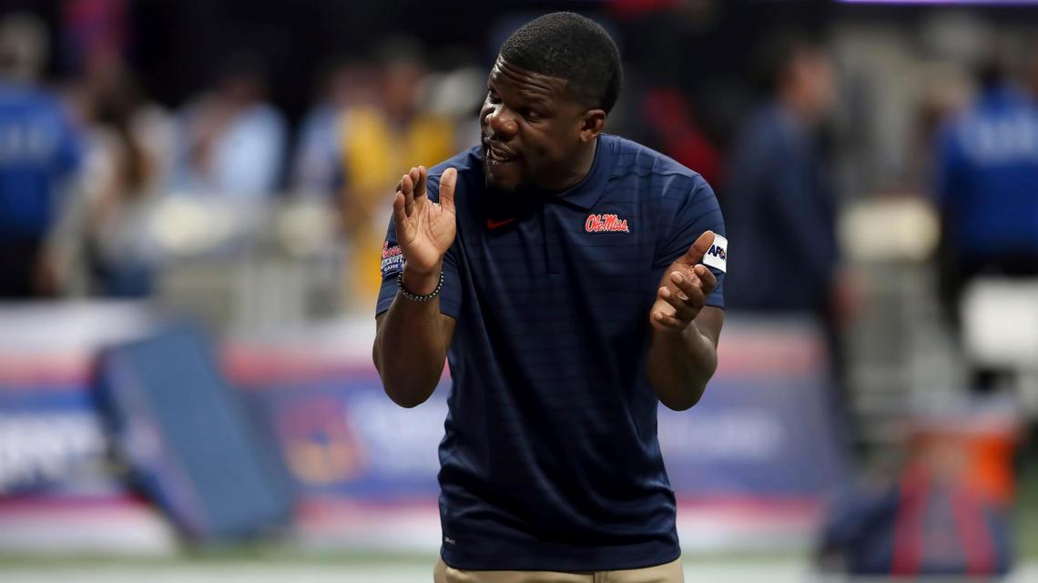 Mississippi Rebels running back coach Kevin Smith before the Chick-fil-A Kickoff Game between the Louisville Cardinals and the Ole Miss Rebels on September 6, 2021 at Mercedes Benz Stadium in Atlanta, Georgia. (Photo by Michael Wade/Icon Sportswire) (Icon Sportswire via AP Images)