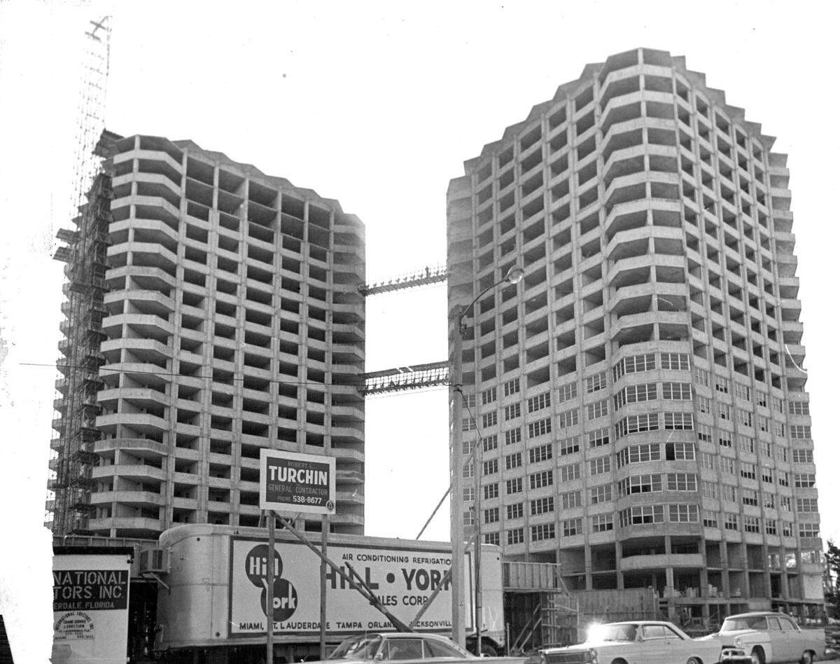 Shooting skward are the first two of four hotel-apartment towers that make up the Four Ambassadors. The first two buildings, 20 stories each, were photographed in 1966.