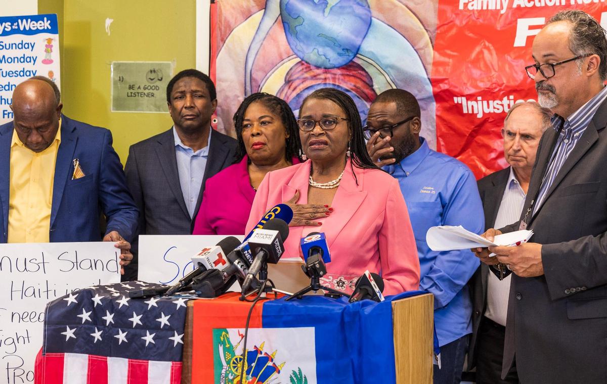 Miami-Dade County Commissioner Marleine Bastien speaks flanked by local and state elected officials, during a press conference called by the Family Action Network Movement to discuss the roll back of Haiti TPS by President Trump administration affecting thousand of Haitian Families, on Friday, February 21, 2025.
