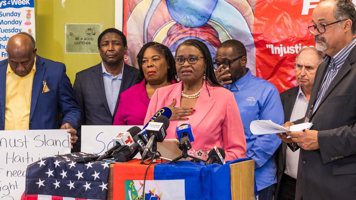 Miami-Dade County Commissioner Marleine Bastien speaks at a press conference called by the Family Action Network Movement to discuss the roll back of Haiti TPS by the Trump administration, on Feb. 21, 2025.