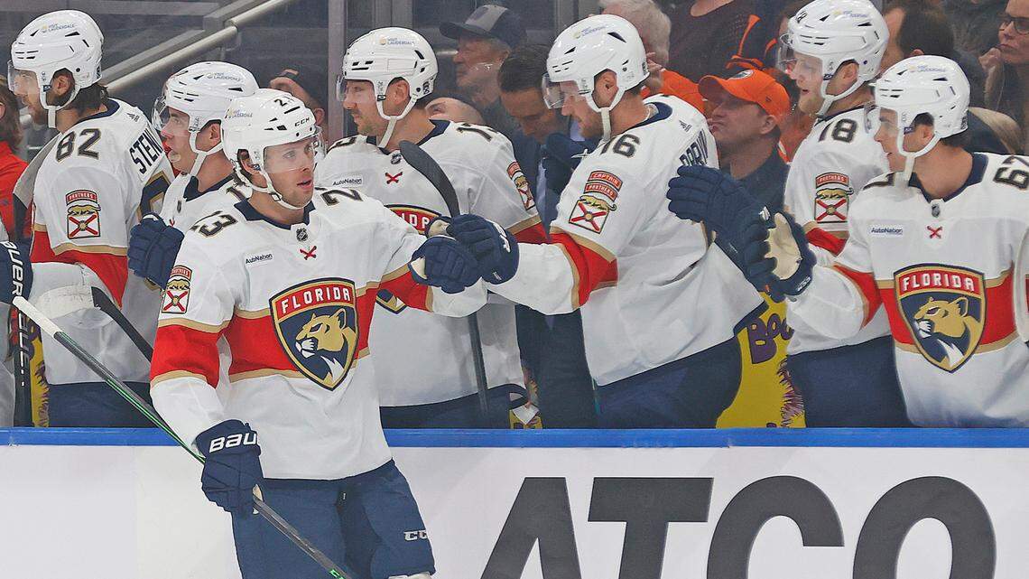 Dec 16, 2023; Edmonton, Alberta, CAN; The Florida Panthers celebrate a goal by against the Edmonton Oilers forward Carter Verhaeghe (23) during the first period at Rogers Place.