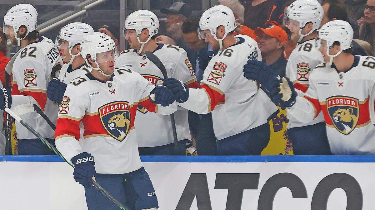 Dec 16, 2023; Edmonton, Alberta, CAN; The Florida Panthers celebrate a goal by against the Edmonton Oilers forward Carter Verhaeghe (23) during the first period at Rogers Place.