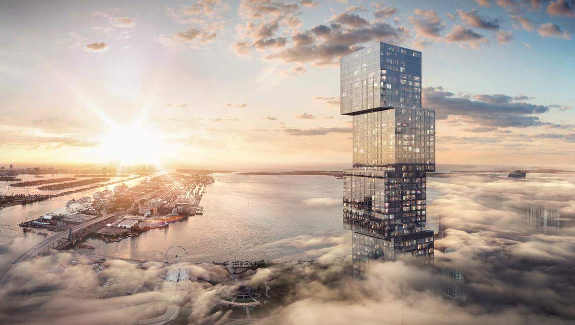 An architectural rendering of the planned supertall Waldorf Astoria Hotel & Residences tower, which will pierce the clouds at 1,049 feet above ground over downtown Miami.