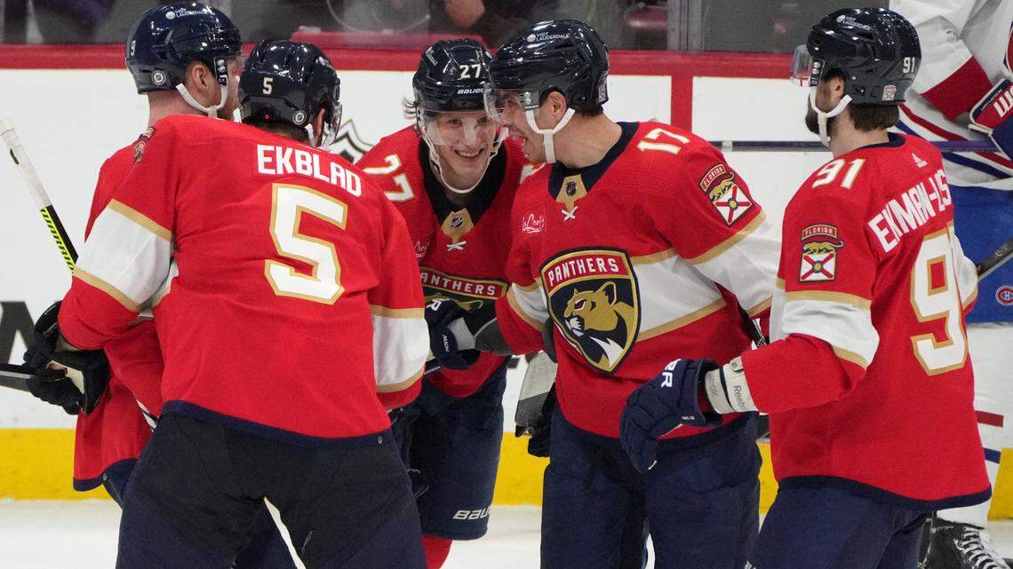Dec 30, 2023; Sunrise, Florida, USA; Florida Panthers center Eetu Luostarinen (27) celebrates a goal against the Montreal Canadiens during the third period at Amerant Bank Arena. Mandatory Credit: Jim Rassol-USA TODAY Sports