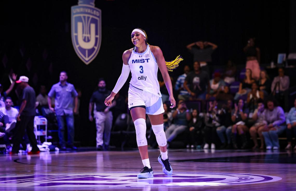 Mist BC’s Aaliyah Edwards (3) smiles after advancing to the next round during the 1-on-1 tournament for Unrivaled, a women’s pro basketball league that launched this season in Miami, on Monday, Feb. 10, 2025, at Wayfair Arena in Medley, Florida.