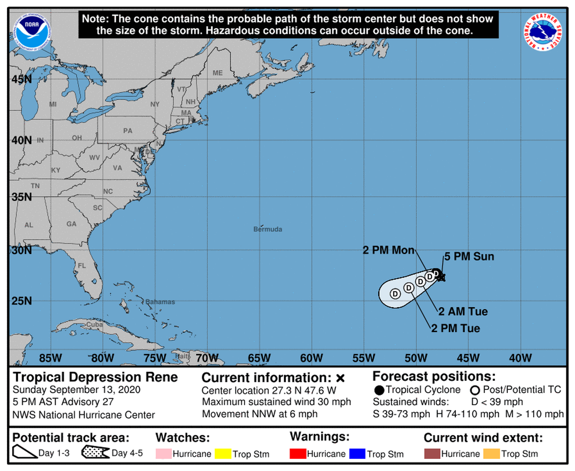 Tropical Depression Rene’s projected path as of 5 p.m. Sunday afternoon, Sept. 13.