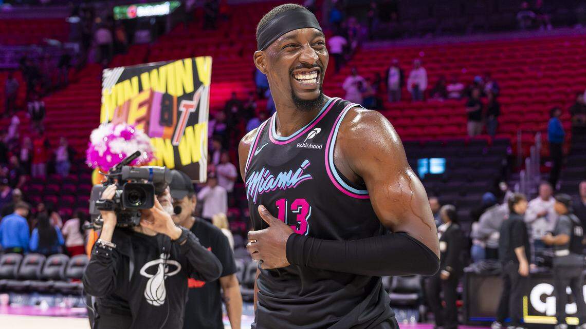 Miami Heat center Bam Adebayo (13) reacts after defeating the Golden State Warriors in their NBA game at Kaseya Center on Wednesday, Nov. 19, 2025, in downtown Miami, Fla.