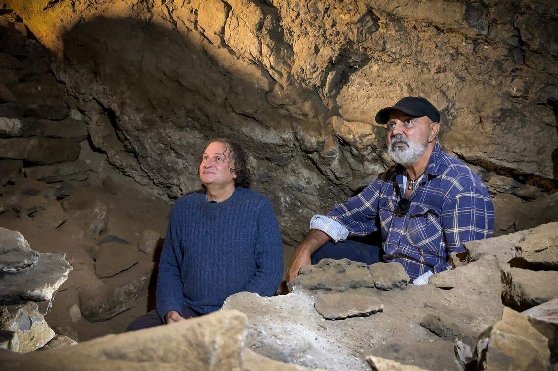 Professor Bruno David, left, and GunaiKurnai Elder Uncle Russell Mullett, right, said the excavation is an important collaboration between archaeologists and aboriginal groups.