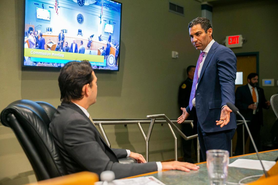 Mayor Francis Suarez reacts toward commissioner Ken Russell during a special meeting at Miami City Hall in Coconut Grove, Florida on Thursday, April 28, 2022. The meeting was held to discuss the Miami Freedom Park proposal.