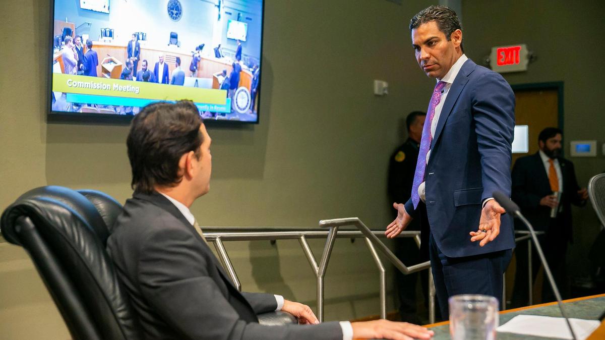 Mayor Francis Suarez reacts toward Commissioner Ken Russell during a special meeting at Miami City Hall on Thursday, April 28, 2022. The meeting was held to discuss the Miami Freedom Park proposal.