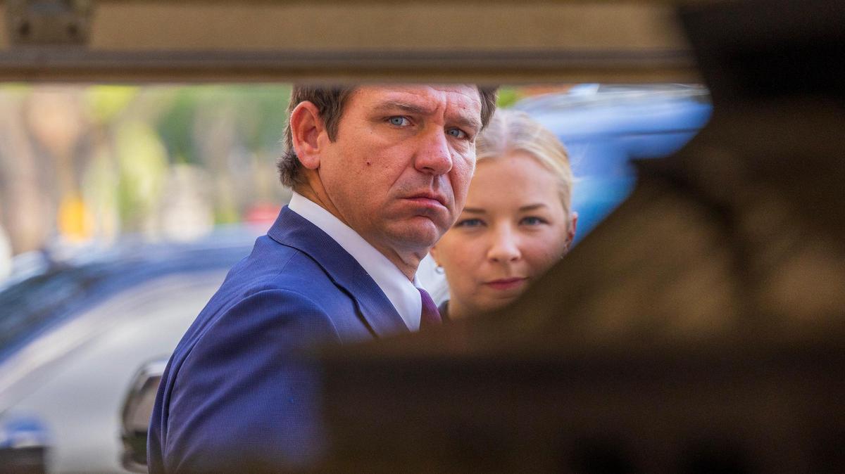 Gov. Ron DeSantis reacts as he arrives to the ICE Enforcement and Removal Operation office in Miramar, Florida, for a press conference to announce the results of the largest immigration operation in Florida history on Thursday, May 1, 2025.