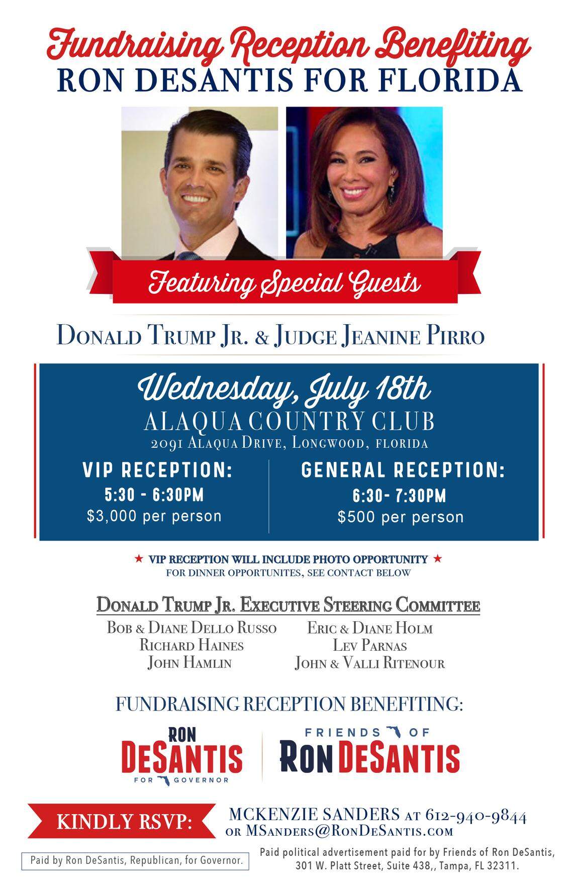 Donald Trump Jr. and Jeanine Pirro headlined a fundraiser for the benefit of Ron DeSantis’ gubernatorial campaign in July of 2018. Lev Parnas, an associate of Rudy Giuliani’s, was on the host committee.